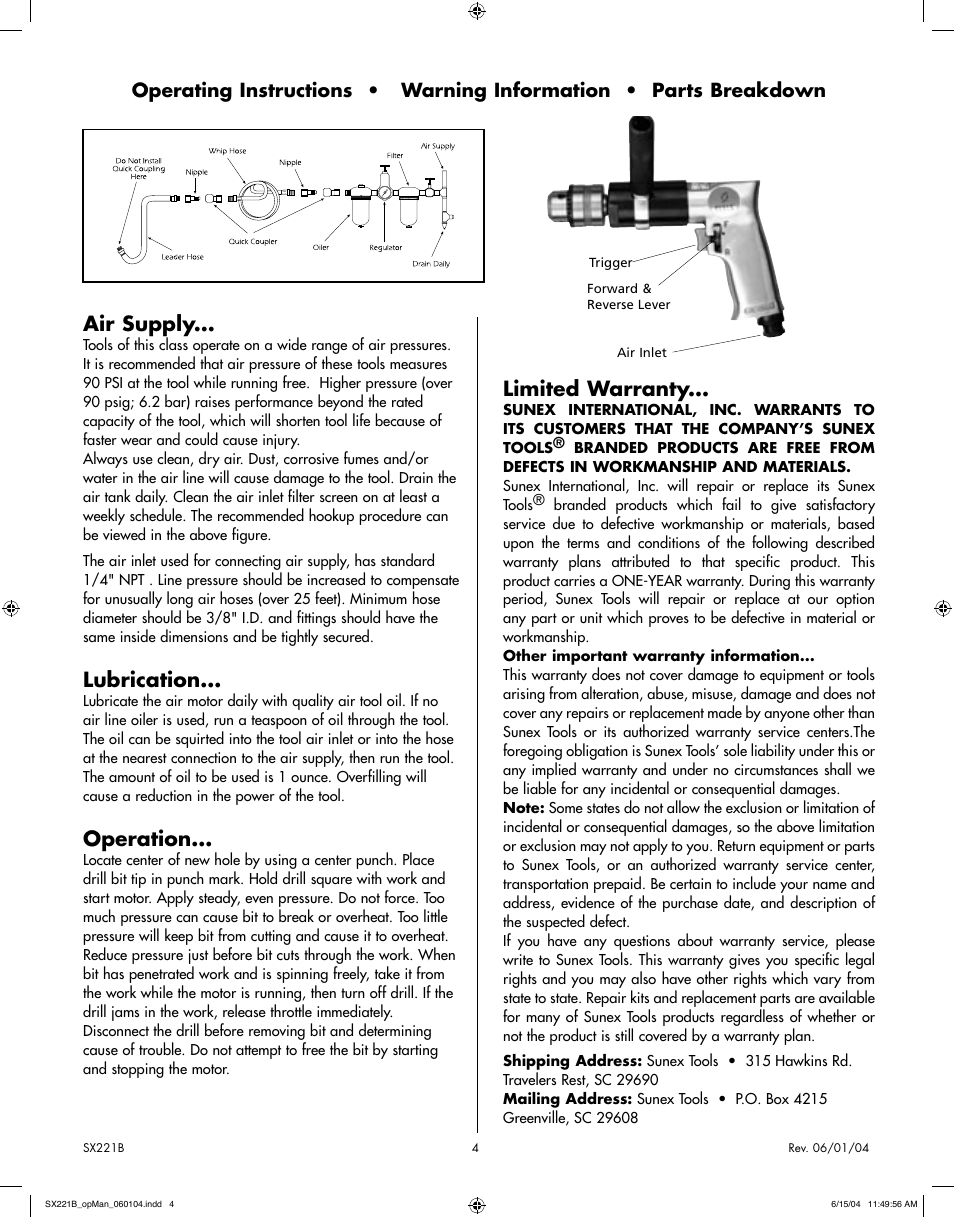 Air supply, Lubrication, Operation | Limited warranty | Sunex Tools SX221B User Manual | Page 4 / 10