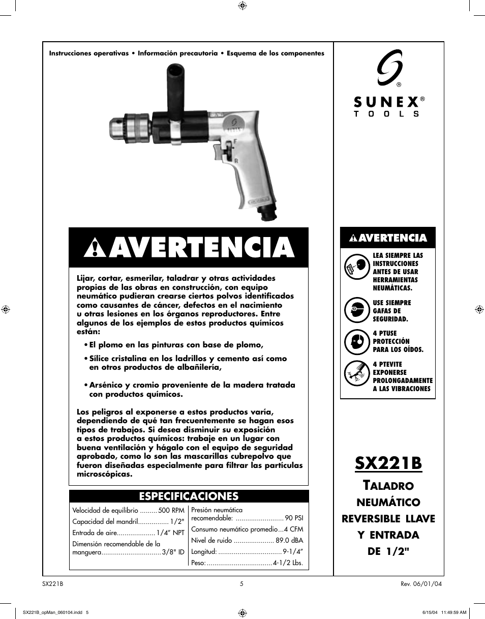 Sx221b, Especificaciones | Sunex Tools SX221B User Manual | Page 5 / 10