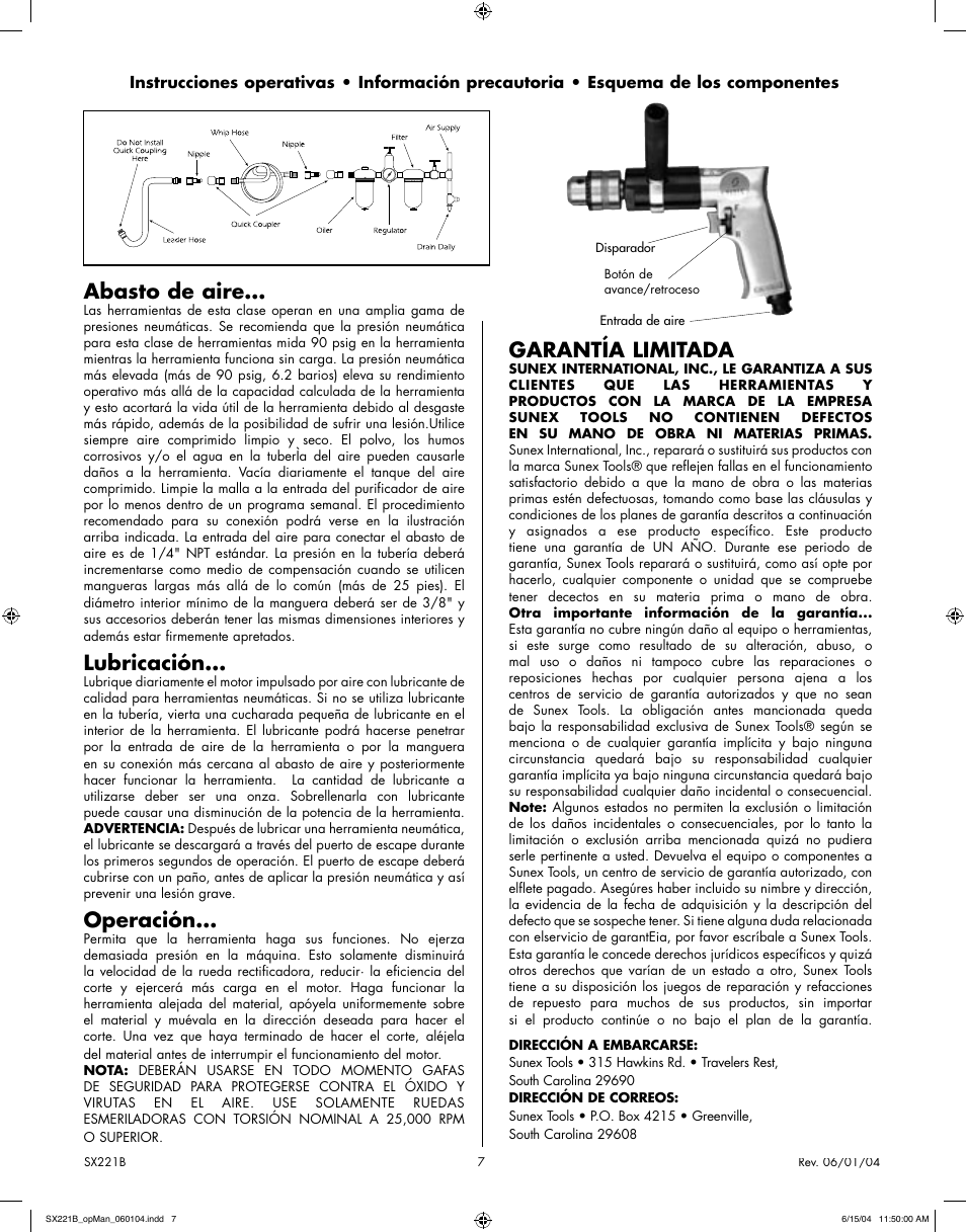 Abasto de aire, Lubricación, Operación | Garantía limitada | Sunex Tools SX221B User Manual | Page 7 / 10