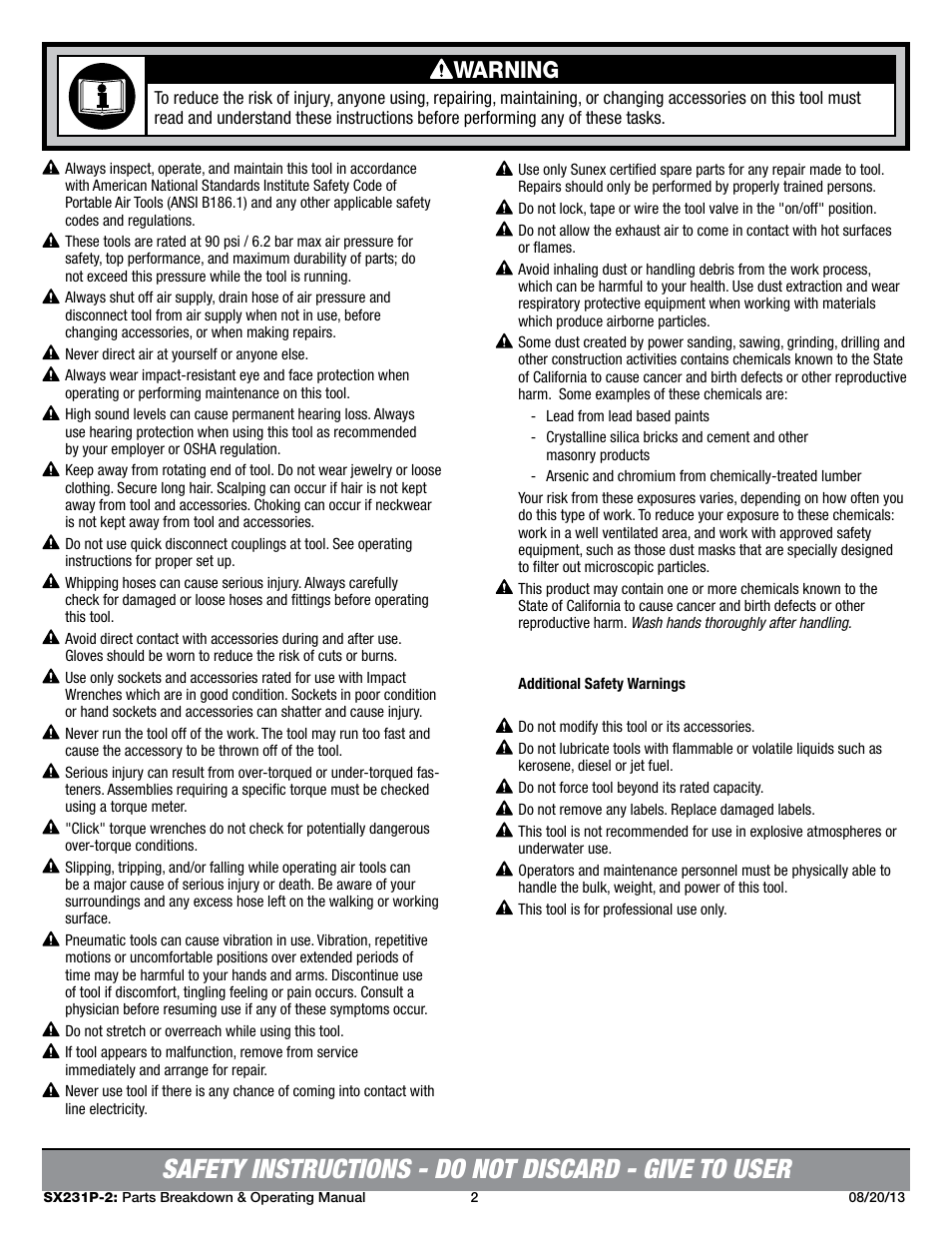 Warning | Sunex Tools SX231P User Manual | Page 2 / 5