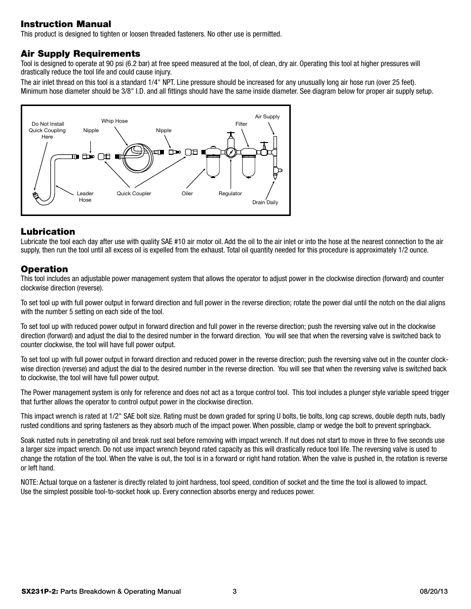 Instruction manual, Air supply requirements, Lubrication | Operation | Sunex Tools SX231P User Manual | Page 3 / 5