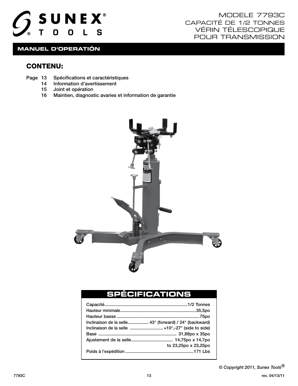 Contenu, Spécifications | Sunex Tools 7793C User Manual | Page 13 / 17