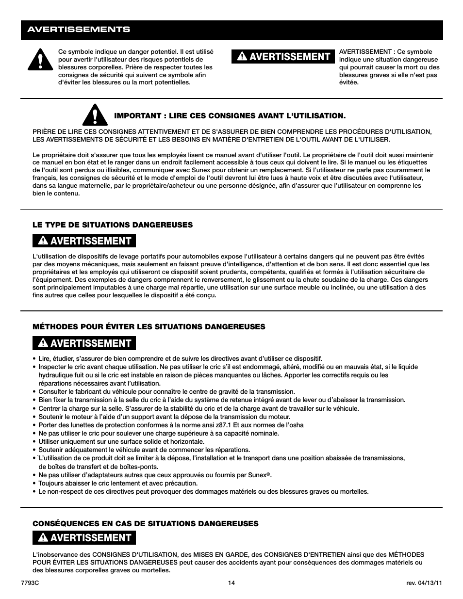 Avertissement | Sunex Tools 7793C User Manual | Page 14 / 17