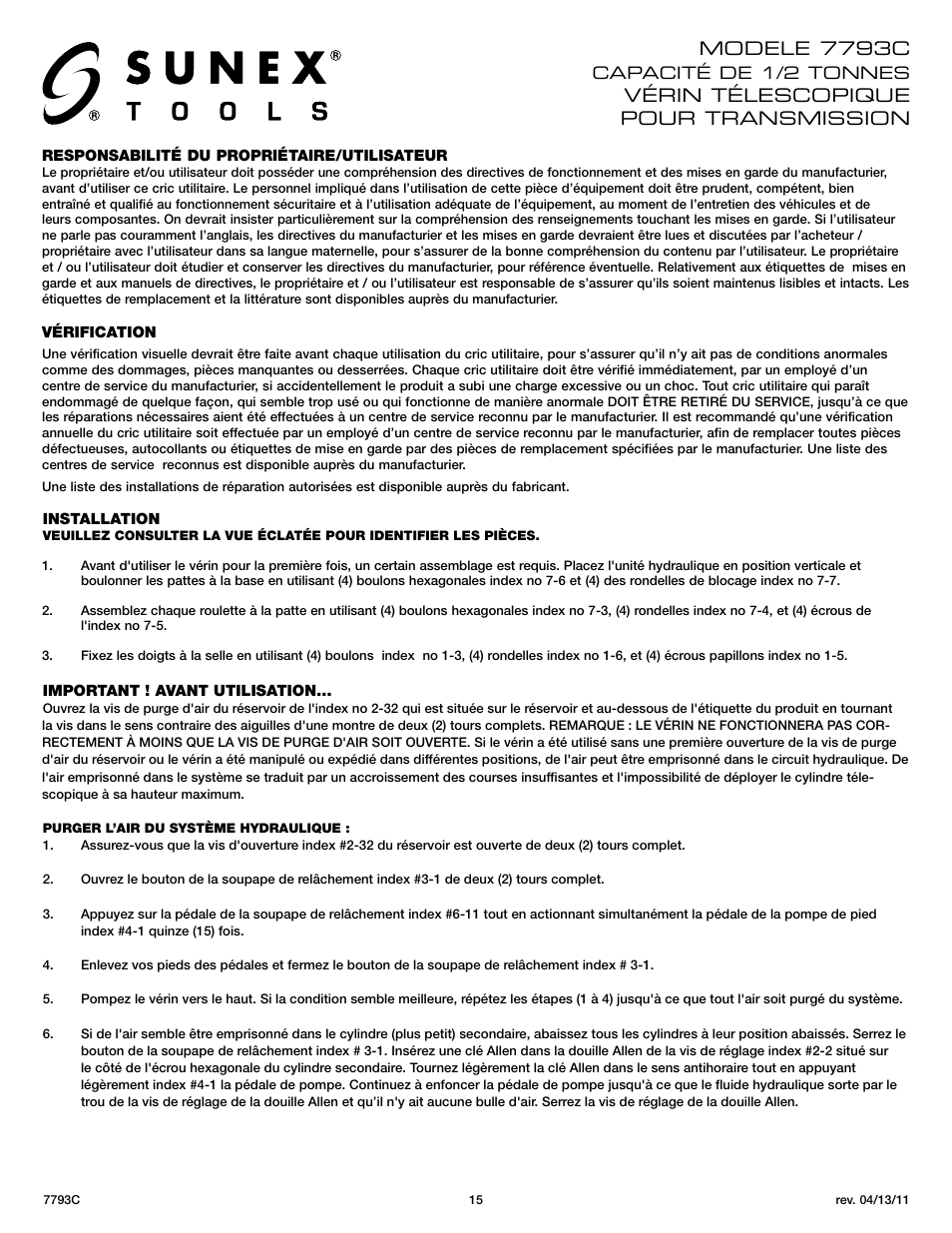 Modele 7793c, Vérin télescopique pour transmission, Capacité de 1/2 tonnes | Sunex Tools 7793C User Manual | Page 15 / 17