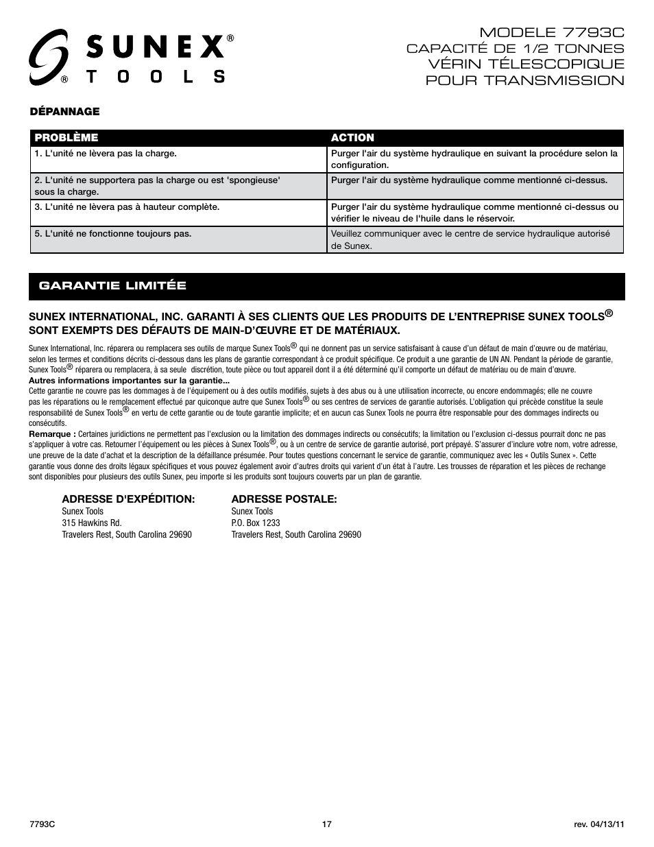 Modele 7793c, Vérin télescopique pour transmission | Sunex Tools 7793C User Manual | Page 17 / 17