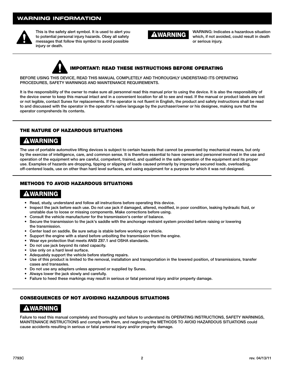 Warning | Sunex Tools 7793C User Manual | Page 2 / 17