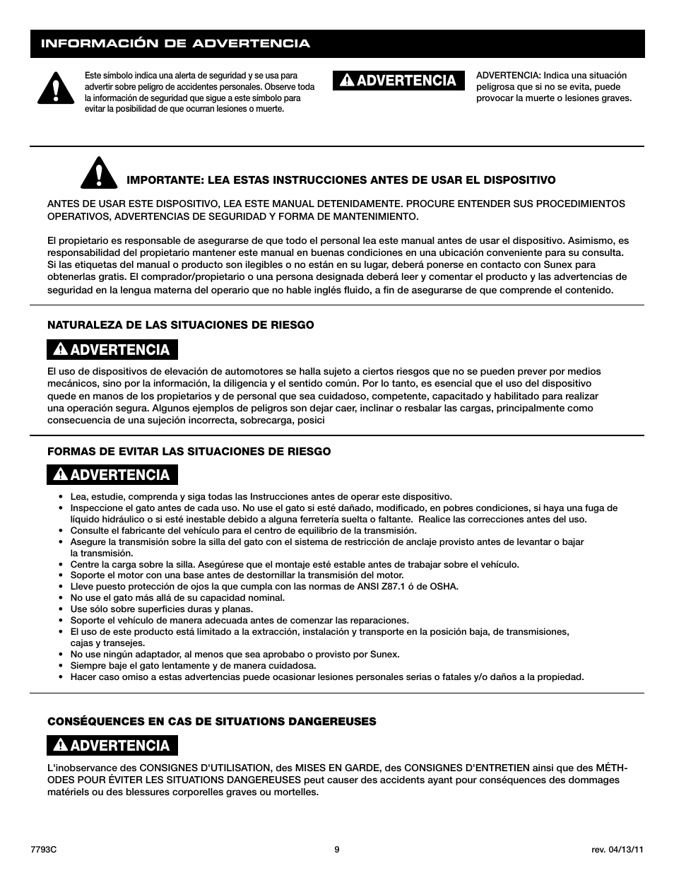 Advertencia | Sunex Tools 7793C User Manual | Page 9 / 17