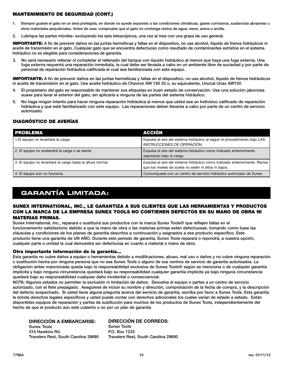 Garant í a limitada | Sunex Tools 7796 User Manual | Page 10 / 14