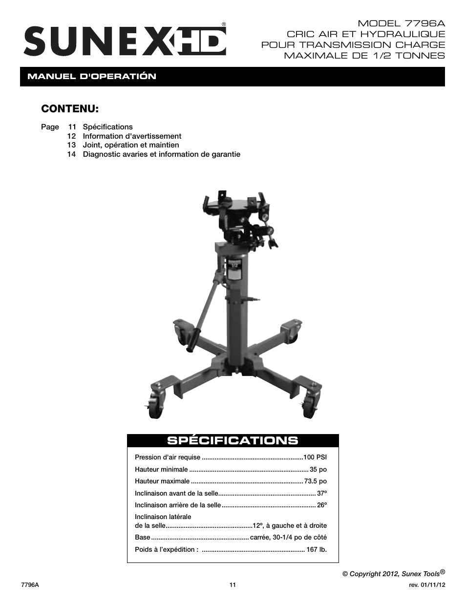 Spécifications, Contenu | Sunex Tools 7796 User Manual | Page 11 / 14