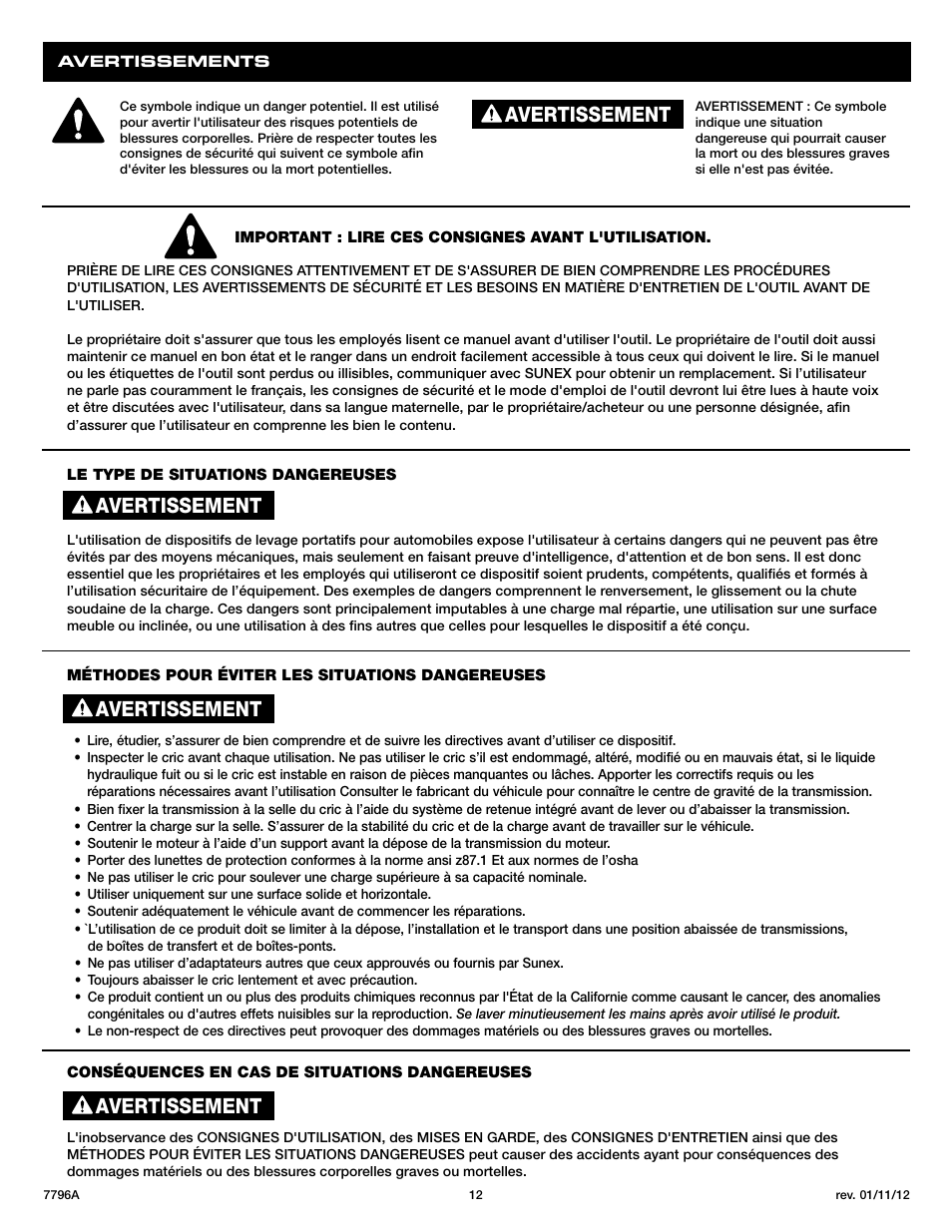 Avertissement | Sunex Tools 7796 User Manual | Page 12 / 14