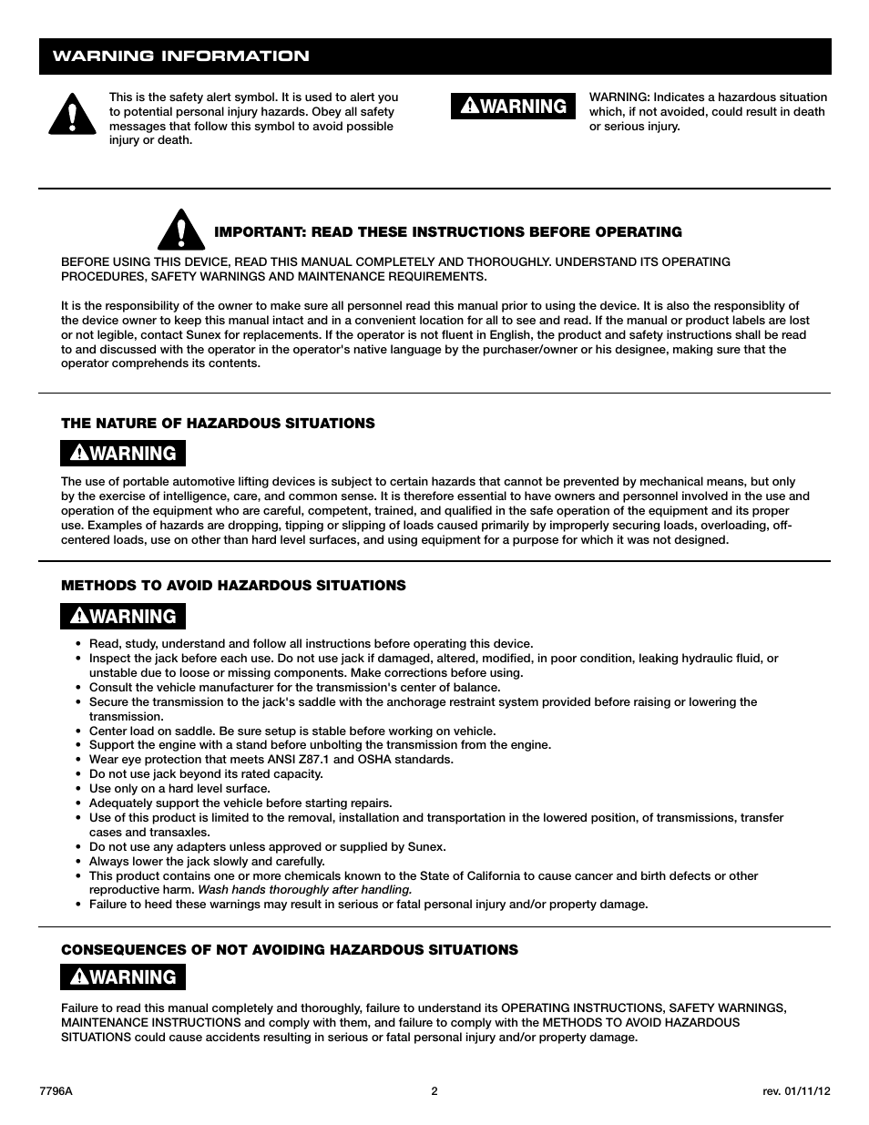Warning | Sunex Tools 7796 User Manual | Page 2 / 14
