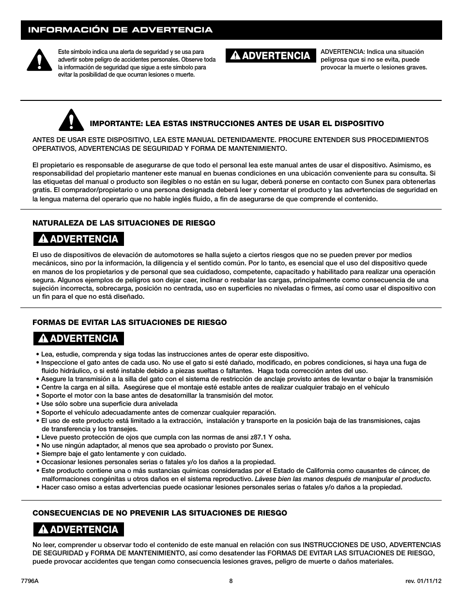 Advertencia | Sunex Tools 7796 User Manual | Page 8 / 14