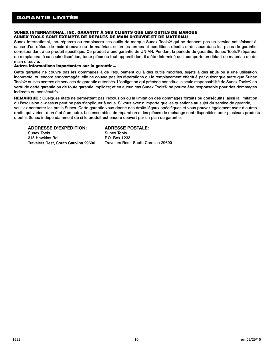 Sunex Tools 1622 User Manual | Page 10 / 10