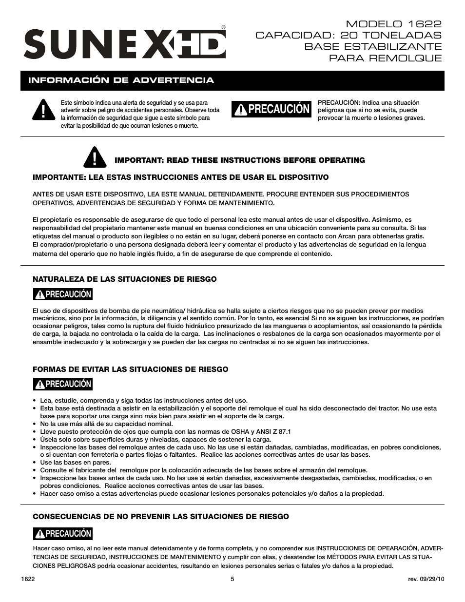 Precaución | Sunex Tools 1622 User Manual | Page 5 / 10