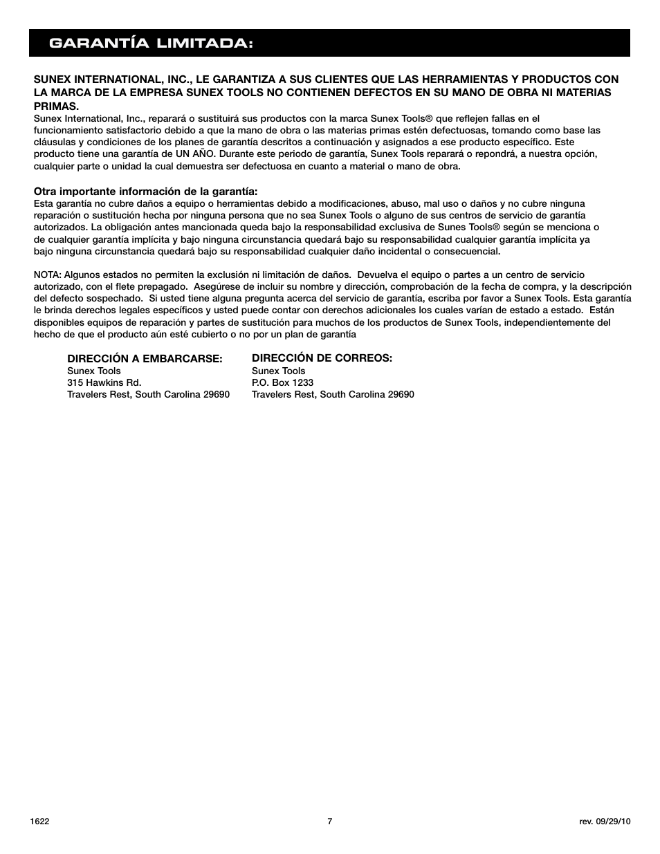 Garant í a limitada | Sunex Tools 1622 User Manual | Page 7 / 10