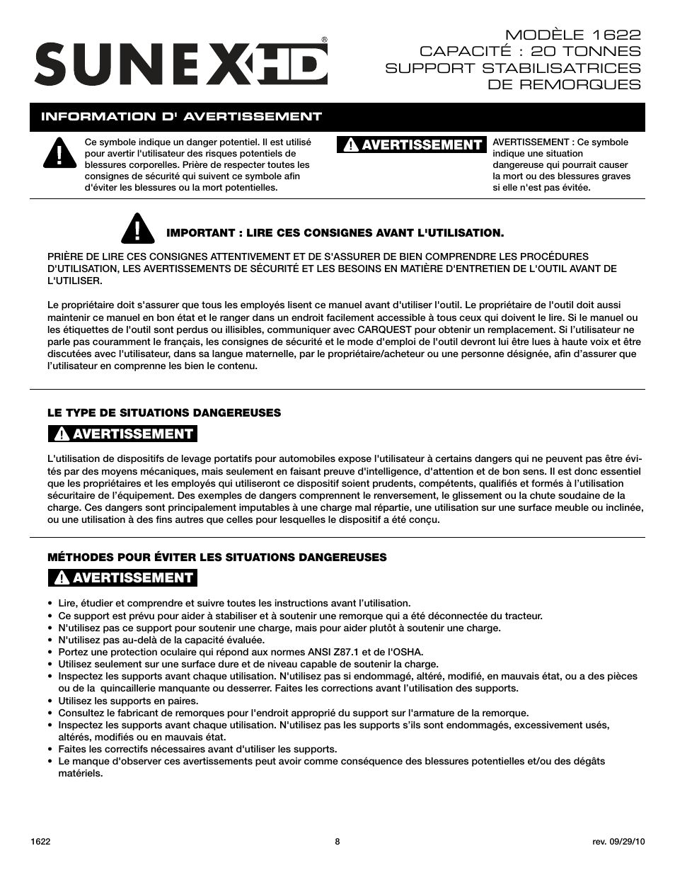 Avertissement | Sunex Tools 1622 User Manual | Page 8 / 10