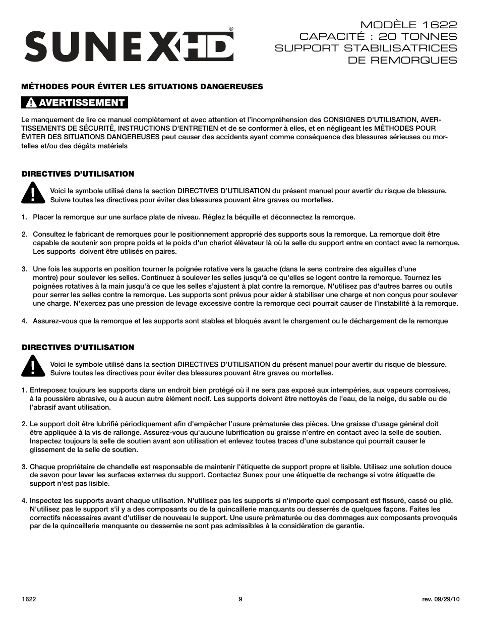 Avertissement | Sunex Tools 1622 User Manual | Page 9 / 10