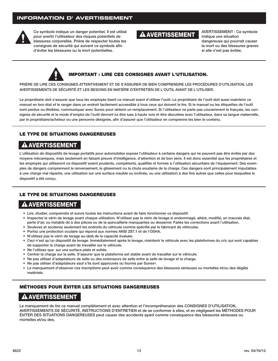Avertissement | Sunex Tools 6622 User Manual | Page 13 / 16