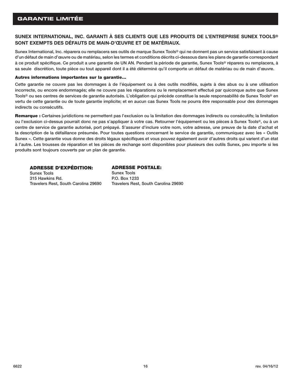 Sunex Tools 6622 User Manual | Page 16 / 16