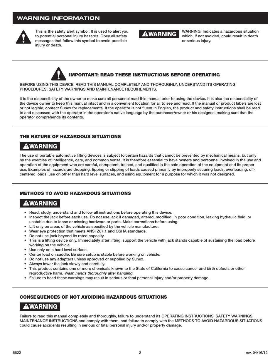 Warning | Sunex Tools 6622 User Manual | Page 2 / 16