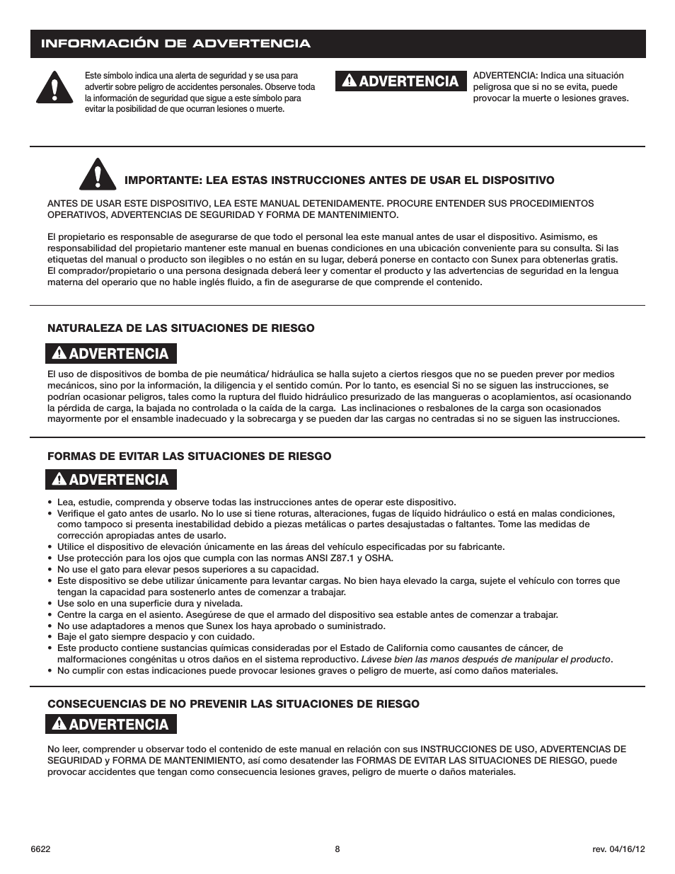 Advertencia | Sunex Tools 6622 User Manual | Page 8 / 16