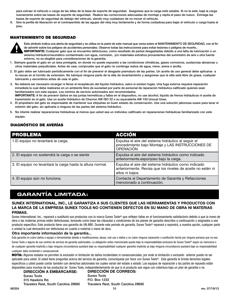 Problema acción, Garant í a limitada | Sunex Tools 6635A User Manual | Page 10 / 14