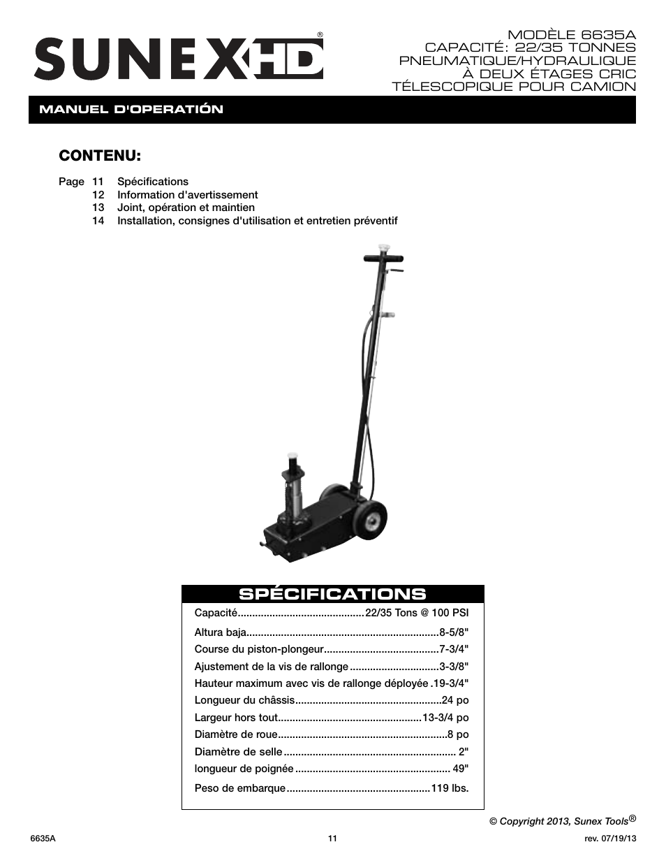 Spécifications, Contenu | Sunex Tools 6635A User Manual | Page 11 / 14