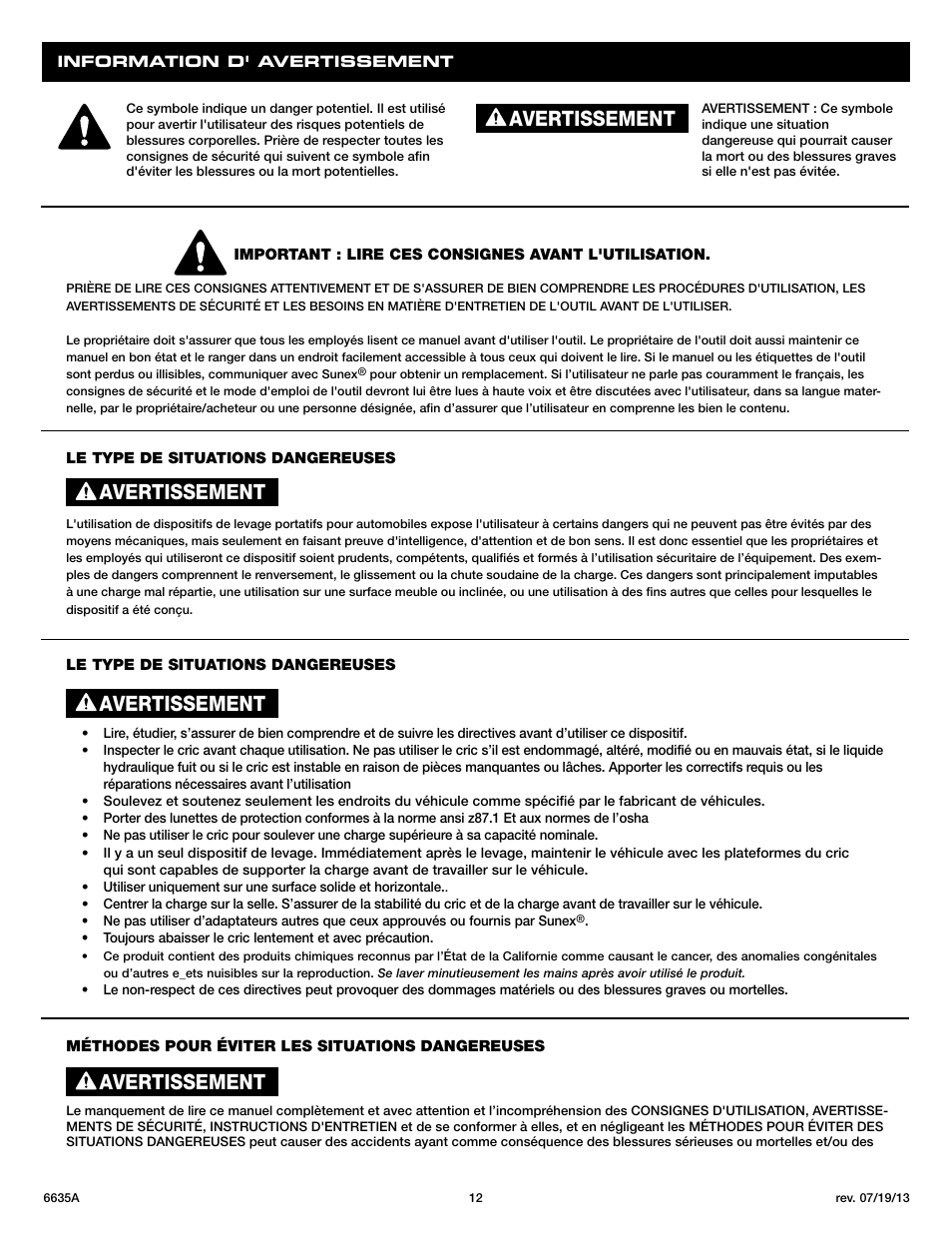 Avertissement | Sunex Tools 6635A User Manual | Page 12 / 14