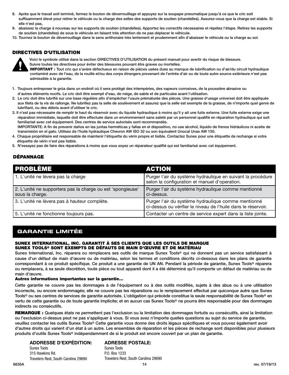 Problème action | Sunex Tools 6635A User Manual | Page 14 / 14