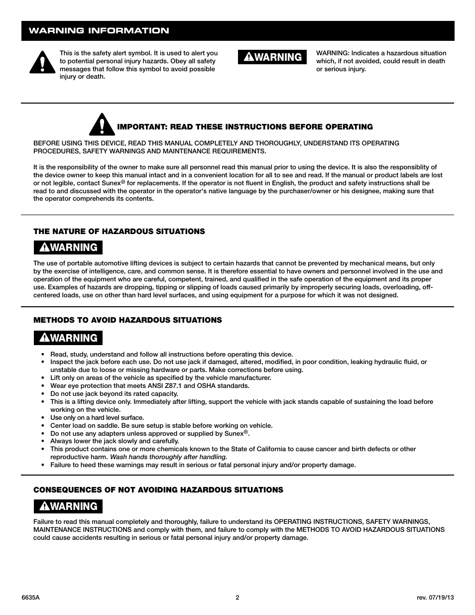 Warning | Sunex Tools 6635A User Manual | Page 2 / 14