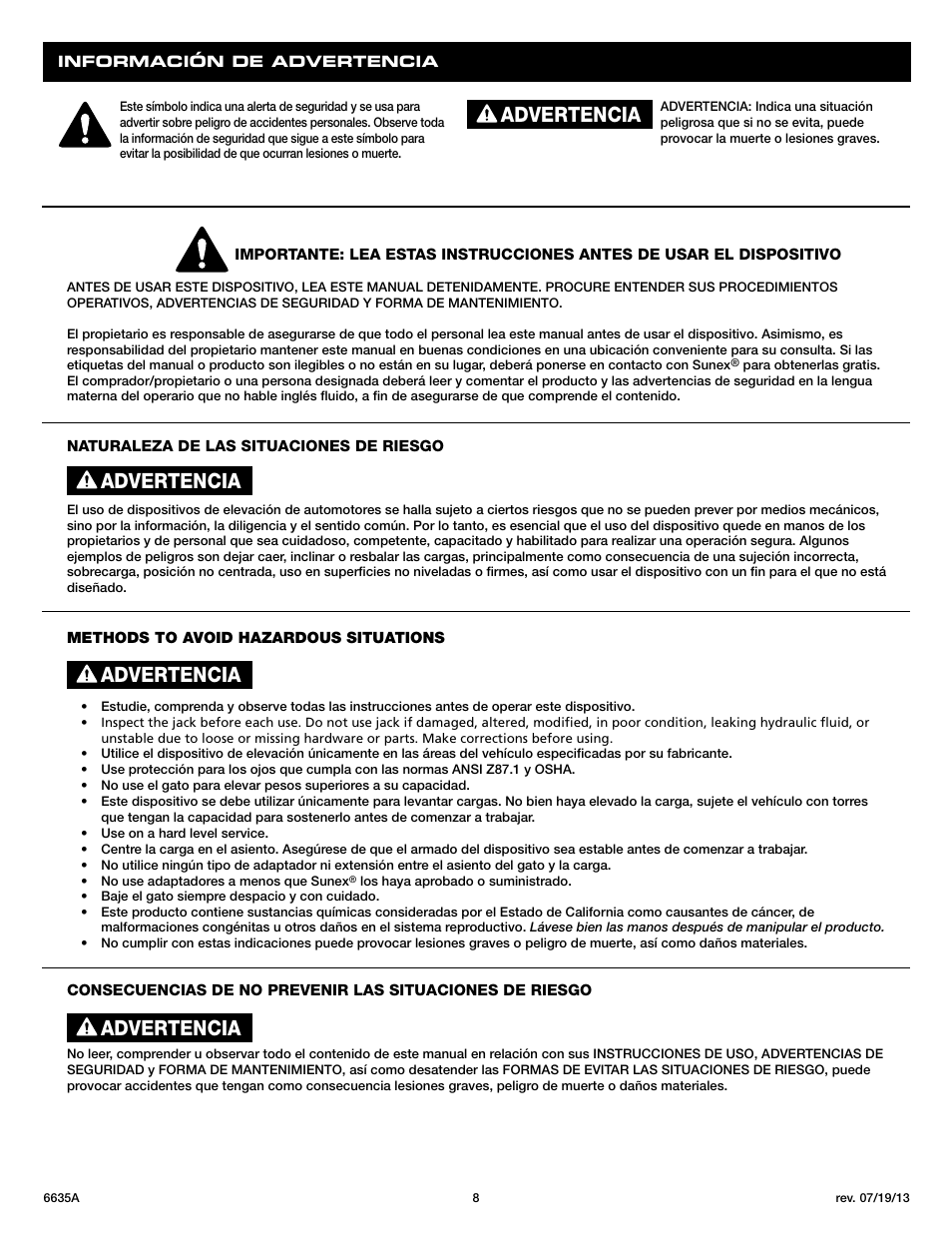 Advertencia | Sunex Tools 6635A User Manual | Page 8 / 14
