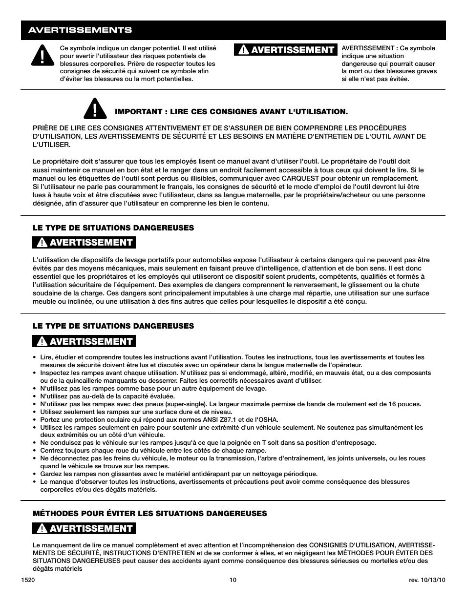 Avertissement | Sunex Tools 1520 User Manual | Page 10 / 12