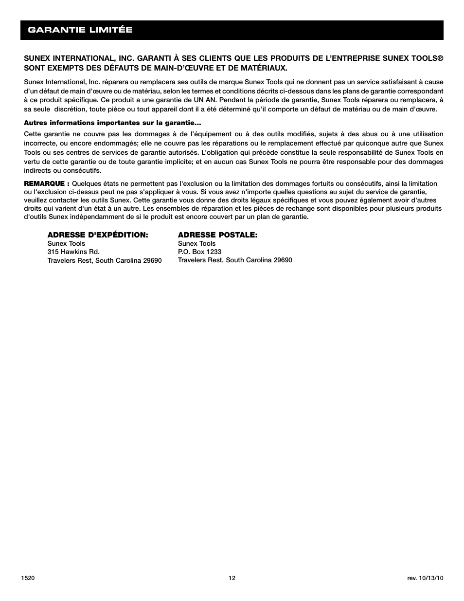 Sunex Tools 1520 User Manual | Page 12 / 12