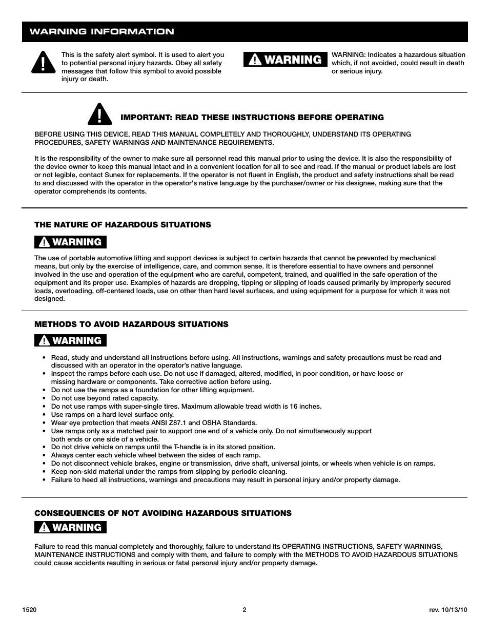 Warning | Sunex Tools 1520 User Manual | Page 2 / 12