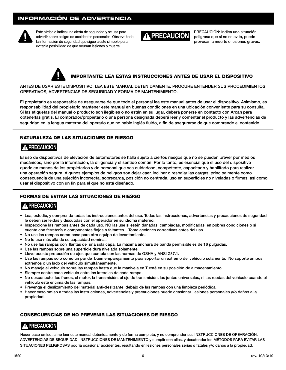 Precaución | Sunex Tools 1520 User Manual | Page 6 / 12