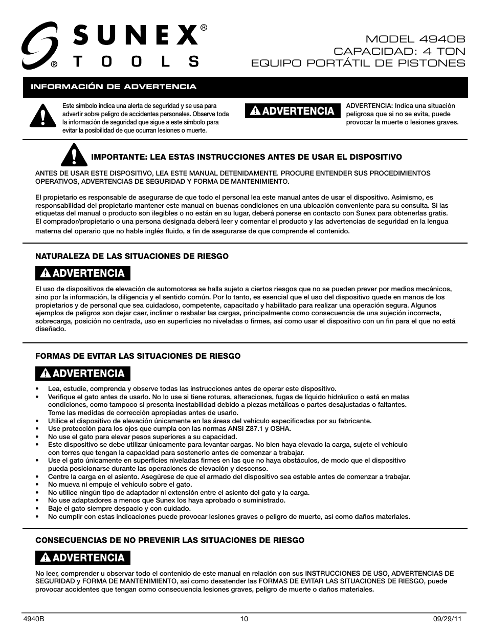 Advertencia | Sunex Tools 4940B User Manual | Page 10 / 18