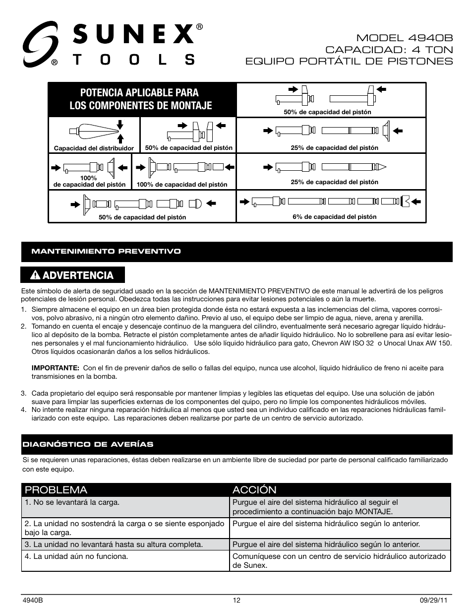 Potencia aplicable para los componentes de montaje, Advertencia, Problema acción | Sunex Tools 4940B User Manual | Page 12 / 18