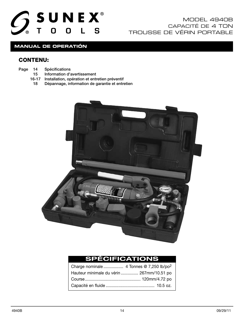 Contenu, Spécifications | Sunex Tools 4940B User Manual | Page 14 / 18