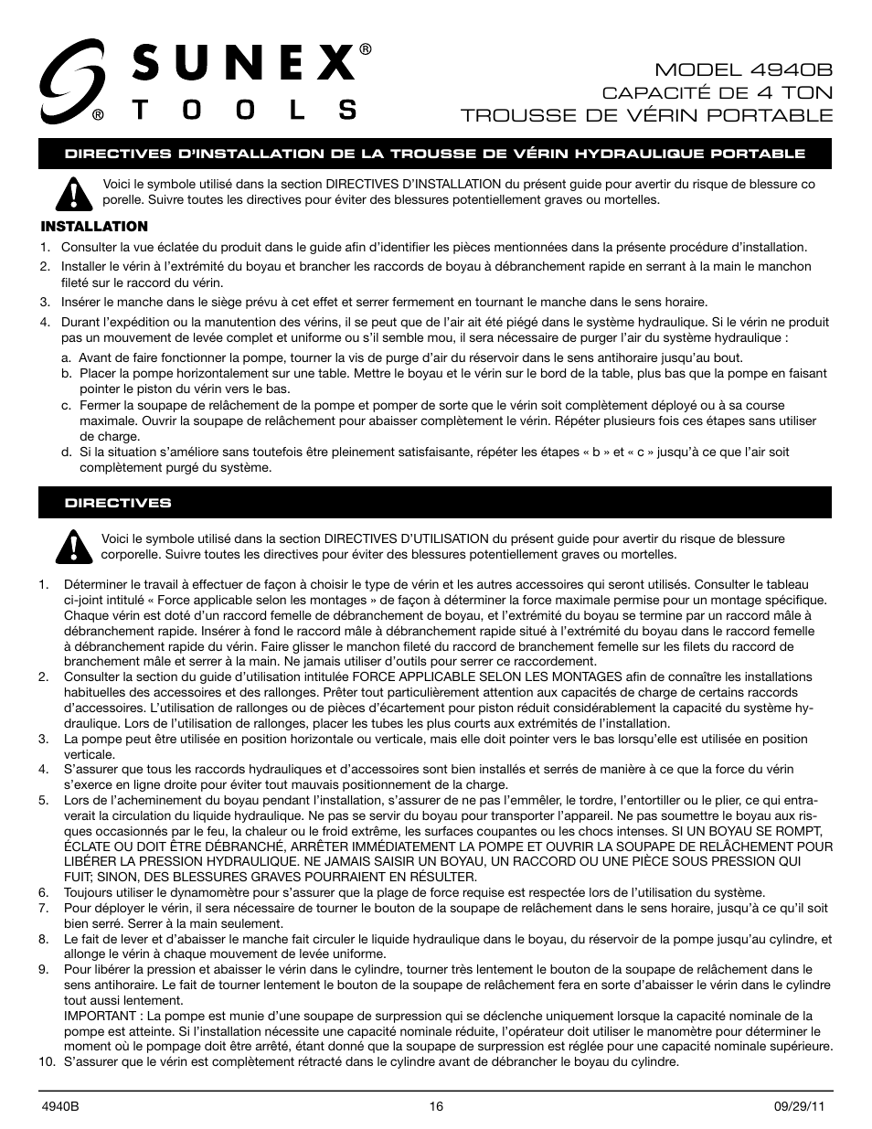 Model 4940b, 4 ton trousse de vérin portable | Sunex Tools 4940B User Manual | Page 16 / 18