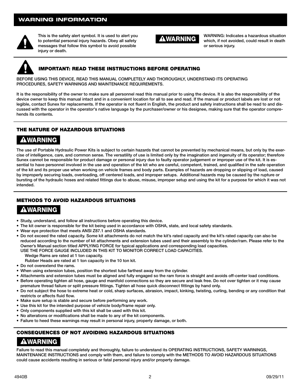 Warning | Sunex Tools 4940B User Manual | Page 2 / 18