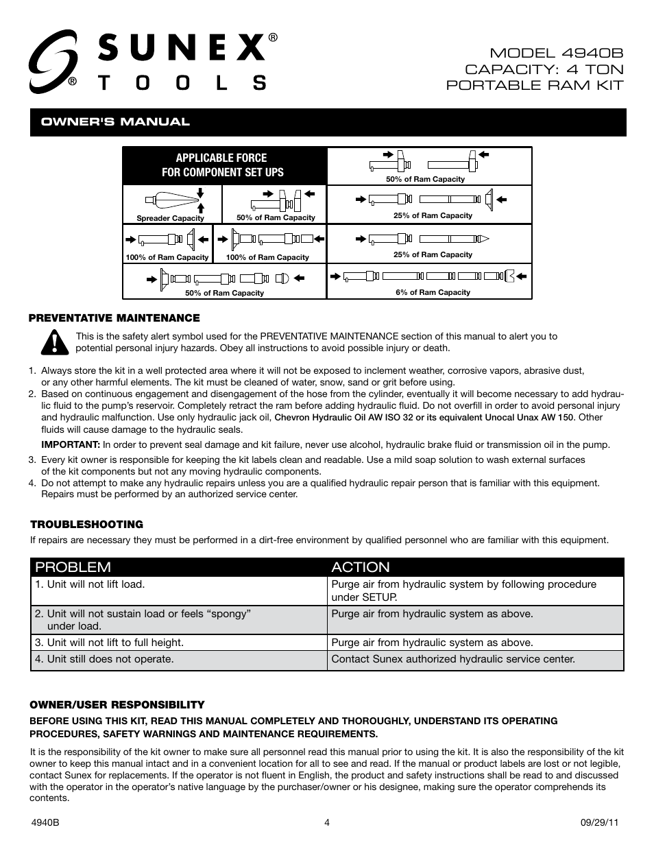 Problem action | Sunex Tools 4940B User Manual | Page 4 / 18
