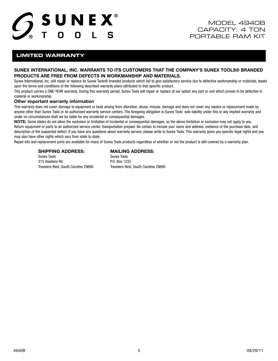 Sunex Tools 4940B User Manual | Page 5 / 18