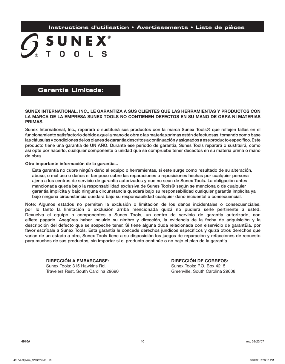 Garant í a limitada | Sunex Tools 4910A User Manual | Page 10 / 10