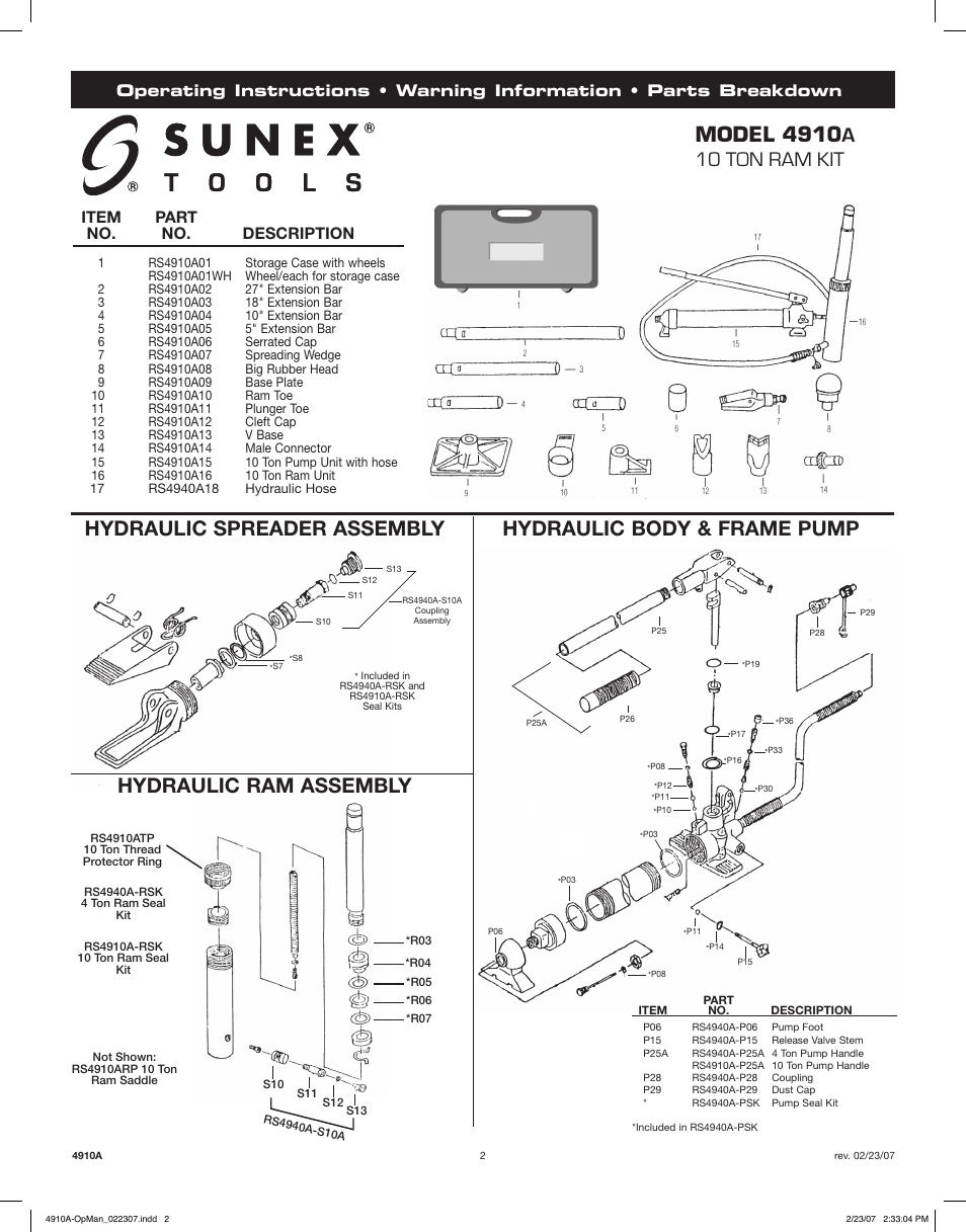 Item part no. no. description | Sunex Tools 4910A User Manual | Page 2 / 10