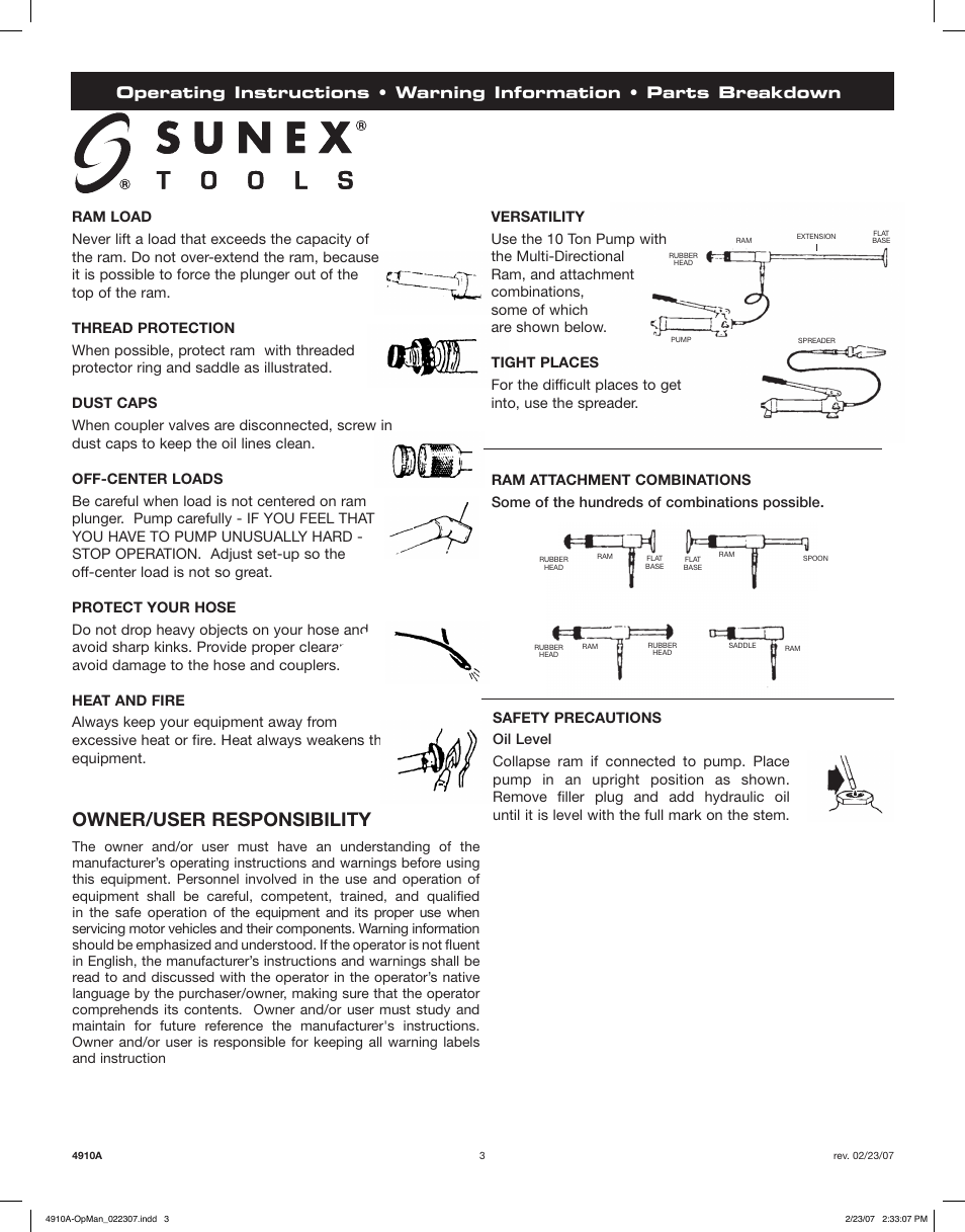 Owner/user responsibility | Sunex Tools 4910A User Manual | Page 3 / 10