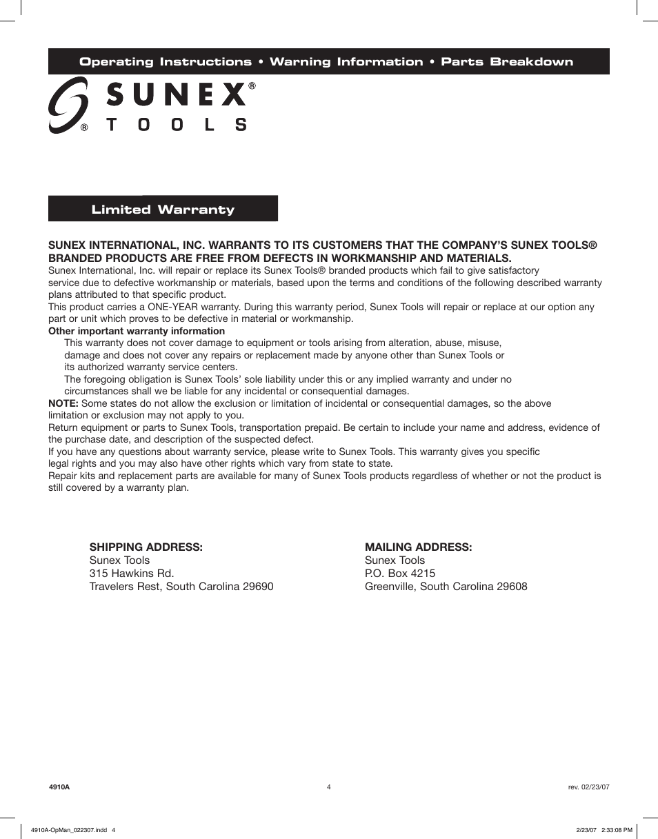 Limited warranty | Sunex Tools 4910A User Manual | Page 4 / 10