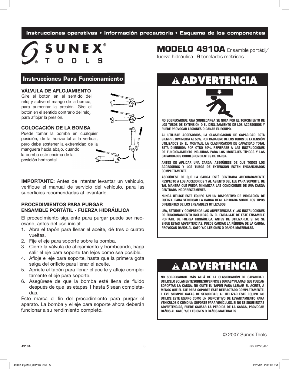 Modelo 4910a | Sunex Tools 4910A User Manual | Page 5 / 10