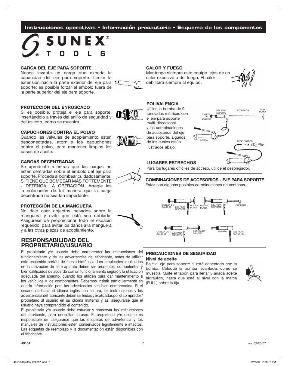 Responsabilidad del proprietario/usuario | Sunex Tools 4910A User Manual | Page 6 / 10