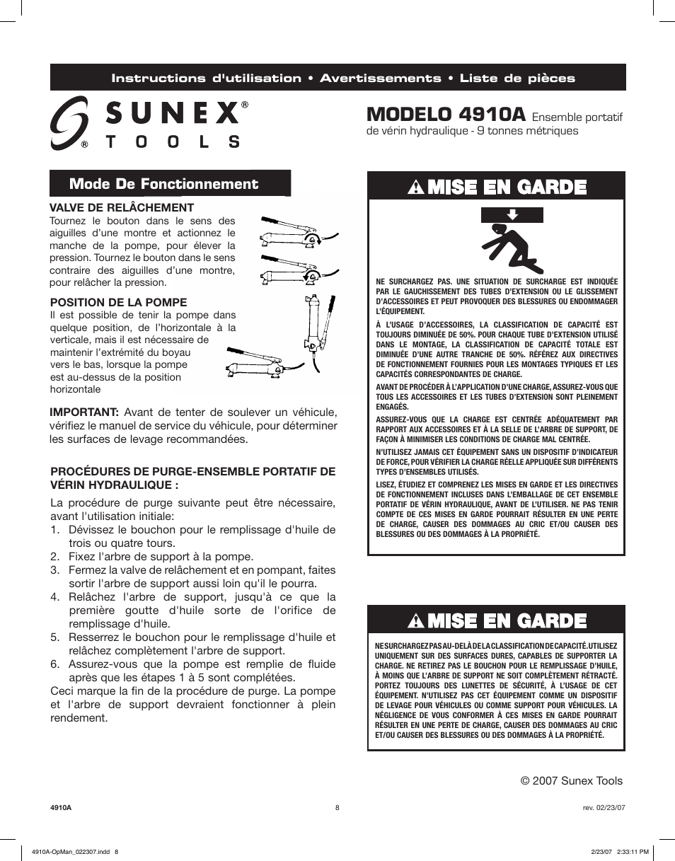 Modelo 4910a, Mode de fonctionnement | Sunex Tools 4910A User Manual | Page 8 / 10