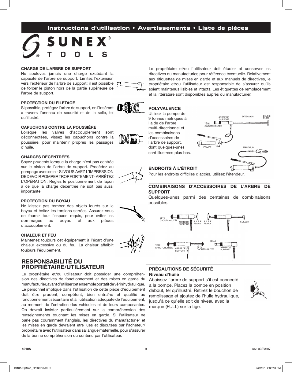 Responsabilité du propriétaire/utilisateur, Polyvalence, Endroits à l’étroit | Sunex Tools 4910A User Manual | Page 9 / 10